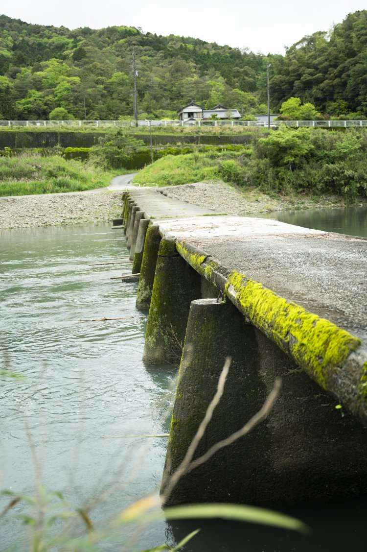 若井駅から徒歩5分のところにある田園風景を抜けて辿り着く若井沈下橋は、地元のシンボル的存在。