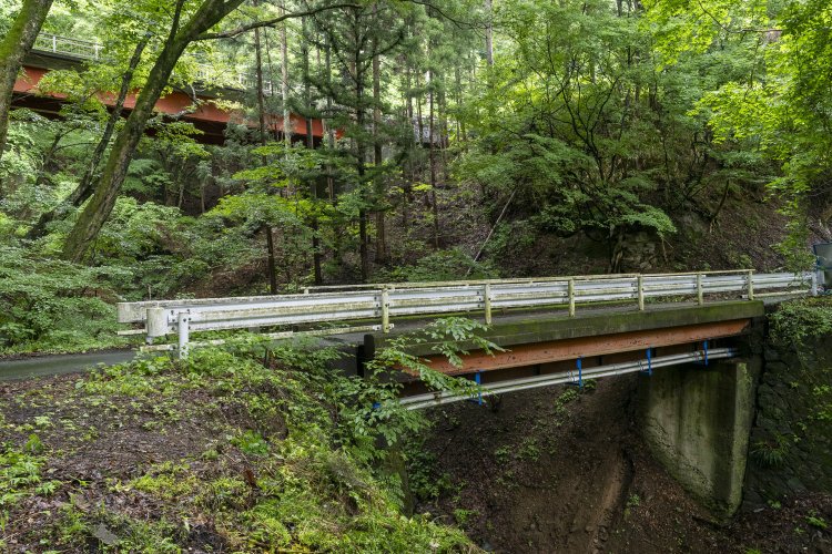 廃線跡の橋梁を手前に奥が国道292号の橋梁。周囲は谷間である。