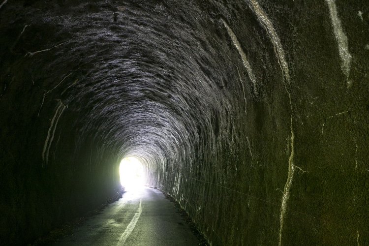 白華現象が起きている第一愛宕トンネルの壁面。