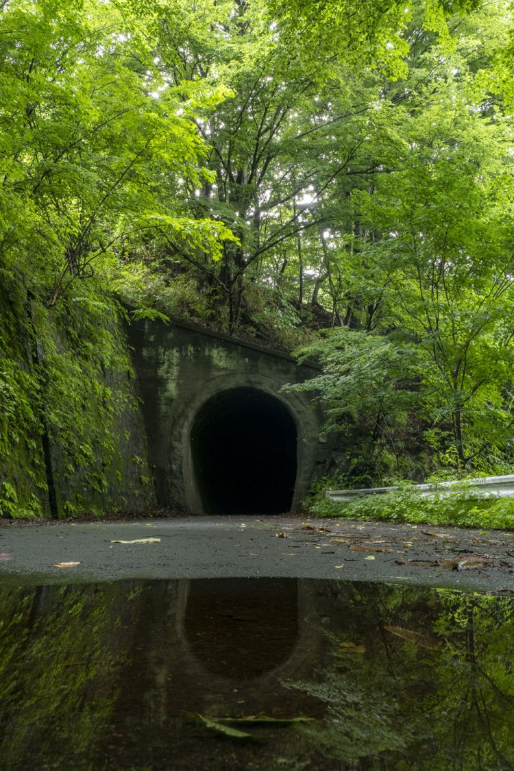 深い緑に囲まれた第二愛宕トンネル。水たまりで鏡面となった姿も美しい。