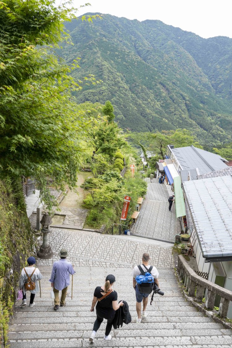熊野那智大社は那智山の中腹に位置している。来た道を振り返ると「ここまで上ってきたんだな」と感慨深くなる。
