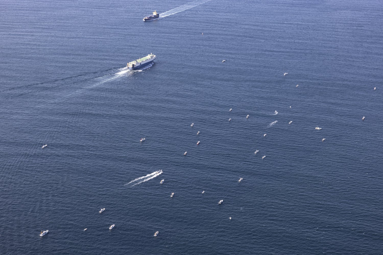 伊良湖水道には多くの船舶が行き来する。漁船と比べると、貨物船の大きさがよくわかる。