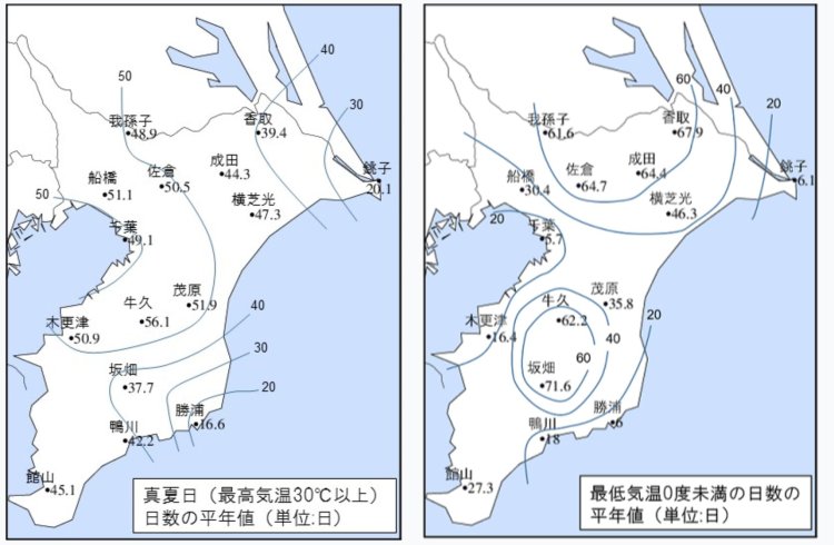 右：最低気温0℃未満の日数の平年値（画像＝銚子地方気象台）。左：最高気温30℃以上の日数の平年値。