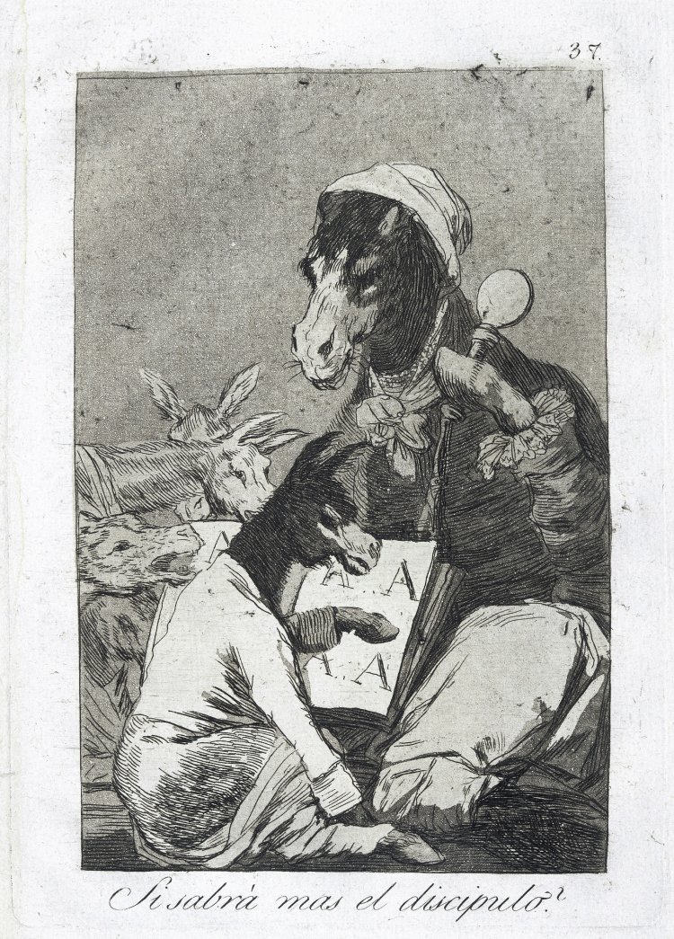 フランシスコ・デ・ゴヤ　版画集『気まぐれ』37『弟子の方が物知りなのだろうか？』 初版は1799年 エッチング、バーニッシャー、アクアチント、ビュラン、紙 『神奈川県立近代美術館』蔵（前期展示）。