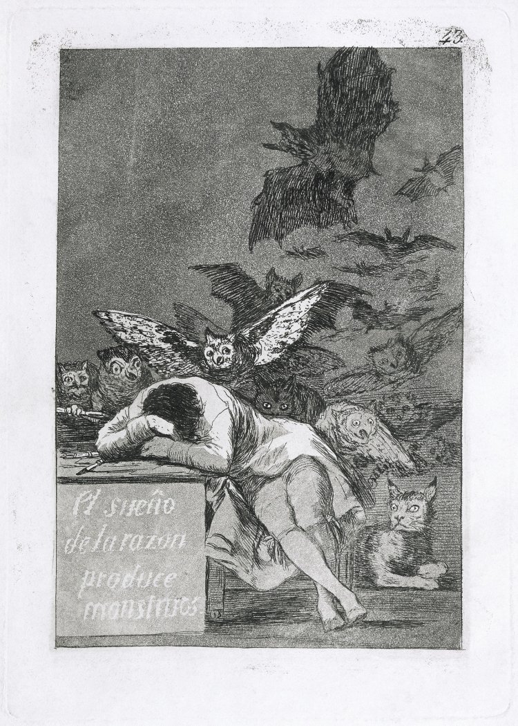 フランシスコ・デ・ゴヤ 版画集『気まぐれ』43『理性の眠りは怪物を生む』 初版は1799年 エッチング、アクアチント、紙『神奈川県立近代美術館』蔵（前期展示）。