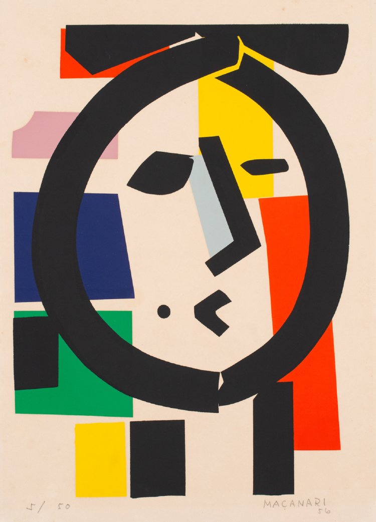 村井正誠『女の顔』1956年 シルクスクリーン、紙『神奈川県立近代美術館』蔵（全期展示）。