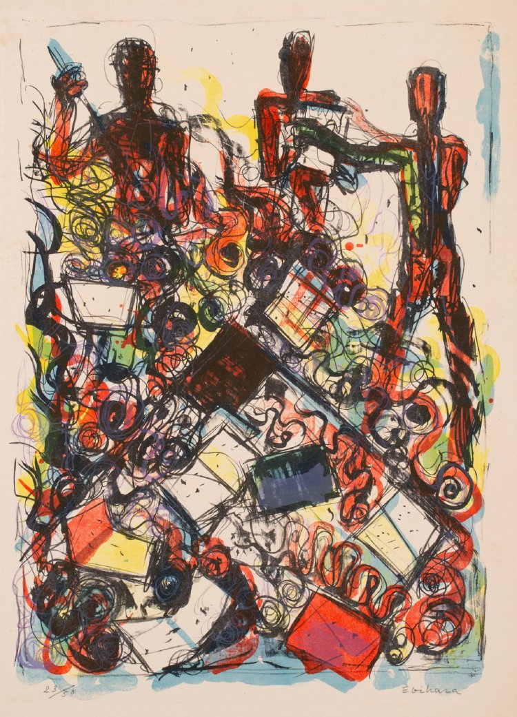 海老原喜之助『本を焼く人』 1956年 リトグラフ、紙『神奈川県立近代美術館』蔵（全期展示）。