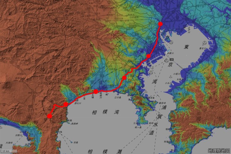 箱根駅伝コース全体を見渡すとこんな感じ。国土地理院地図の標準地図に標高図・陰影起伏図を重ねて加工。