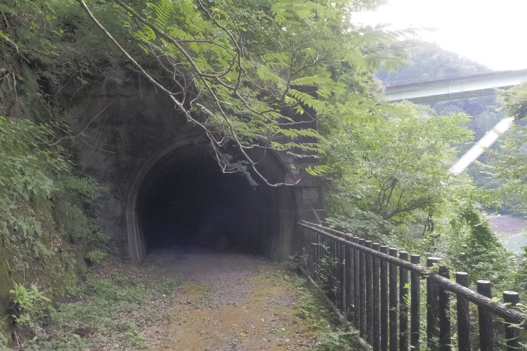 西井戸トンネルの出口。背後は道路橋の市代大橋。2024年8月16日撮影。