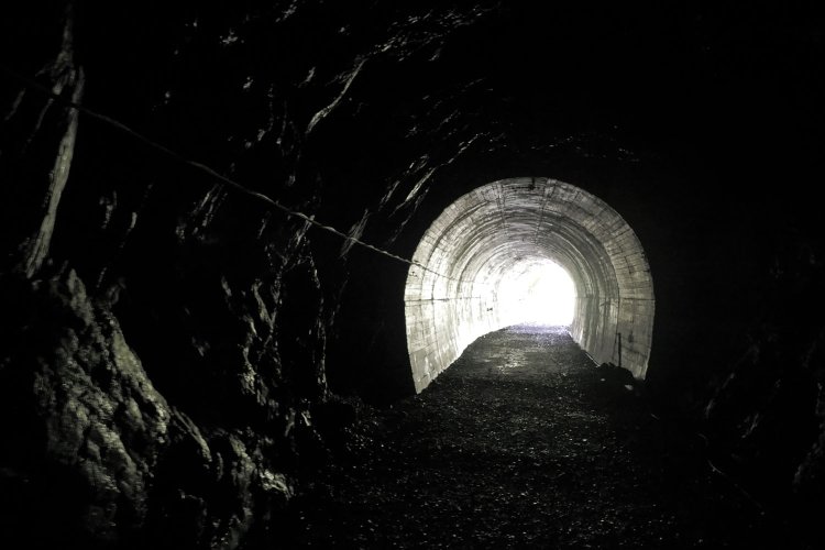 出口が近づいてきて外の光が漏れてくるとトンネル断面も浮かび上がってきた。手前は素掘りである。2024年8月16日撮影。