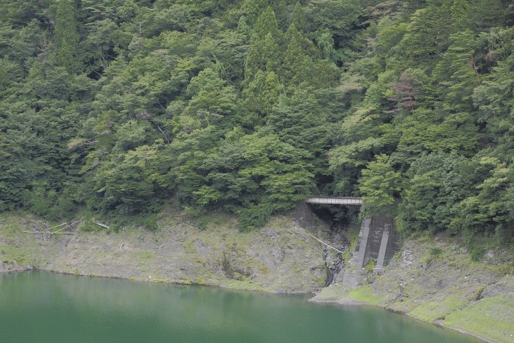 奥大井湖上駅付近の車窓から見える旧橋梁。けっこうはっきりと見える。2024年8月16日撮影。