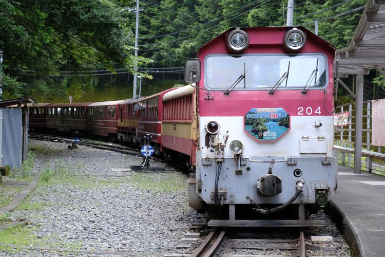 井川線は全列車機関車牽引で、井川寄りに制御客車クハ600形、千頭寄りにディーゼル機関車の固定編成となっている。井川駅。2020年7月19日撮影。