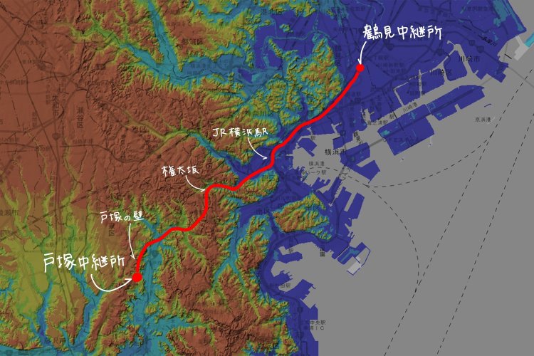 国土地理院地図の標準地図に標高図・陰影起伏図を重ねて加工。