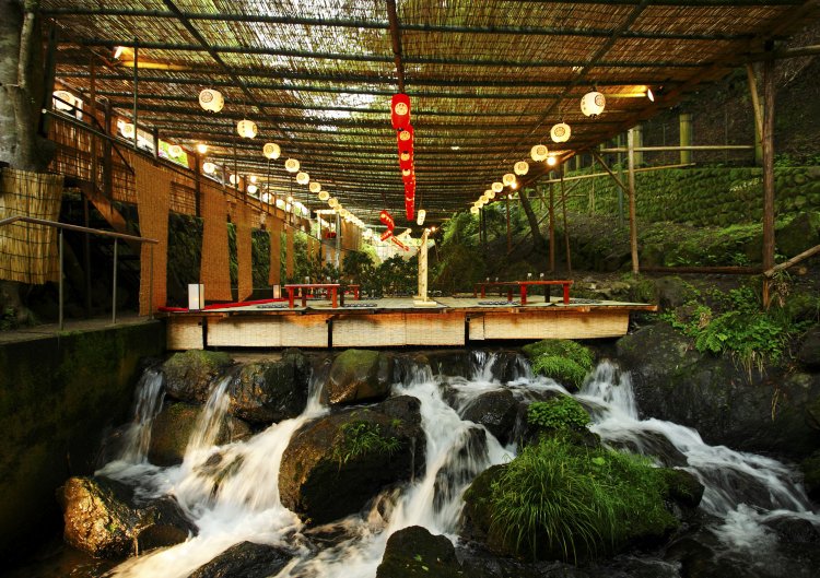 よしずがかけられ、涼やかな川床。真下を鴨川の源流となる貴船川が流れる。