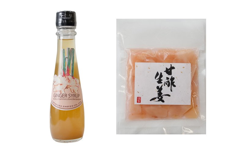 右は国産生姜を甘酢と瀬戸内レモンエキスで漬けた甘酢生姜350円。左は国産生姜とスパイス、はちみつで作ったジンジャーシロップ850円。