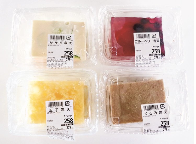 なんでも寒天で固めてしまう、県南・県央の食文化が生んだ郷土食「寒天」。ポテトサラダの「サラダ寒天」や、かき玉汁を固めたような「玉子寒天」といった総菜系でもかなり甘い。