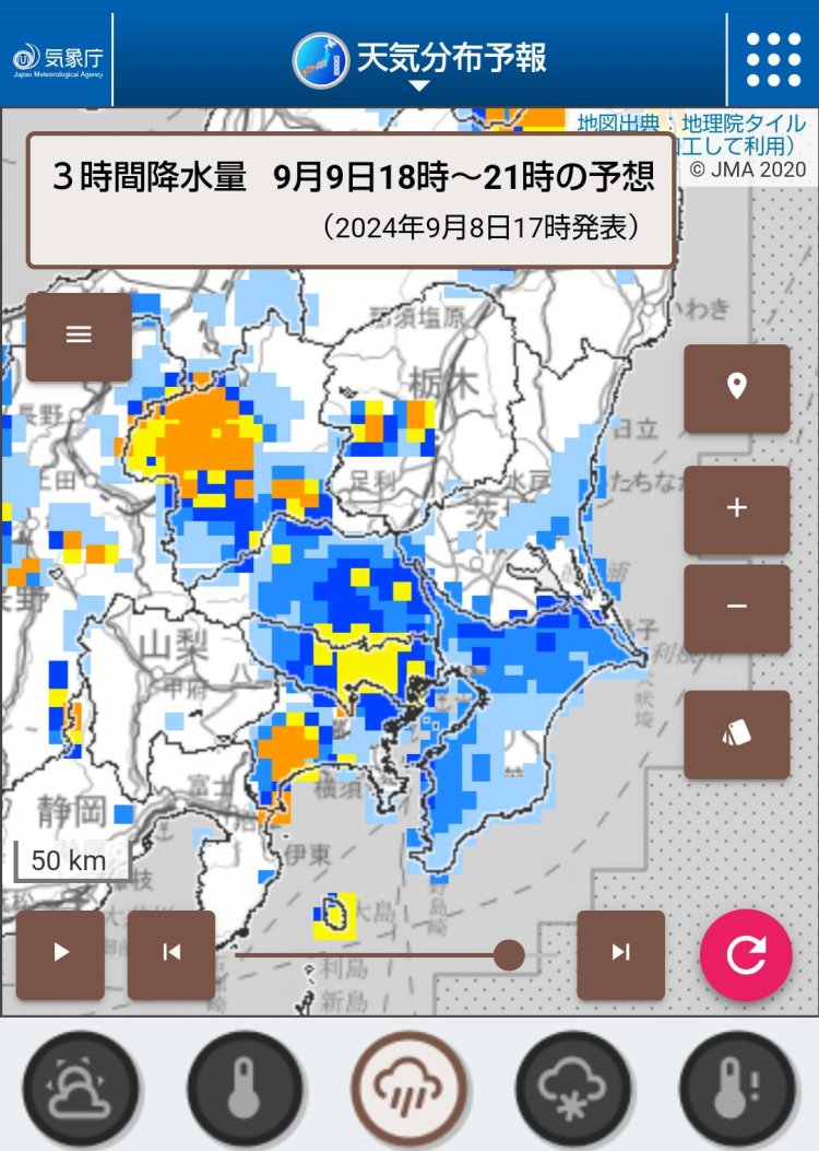 3時間ごとの降水量も色分けでわかる！雨の強さをチェックしよう（画像＝気象庁）。