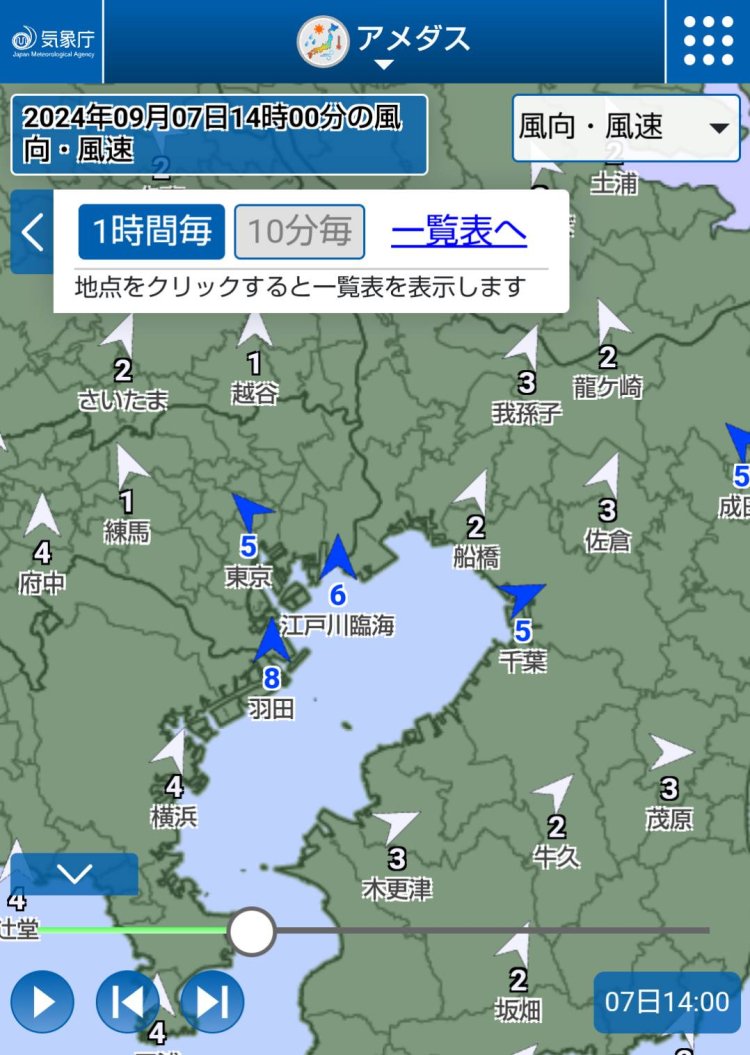 風向きや風速をすぐにチェックできる「アメダス」（画像＝気象庁）。