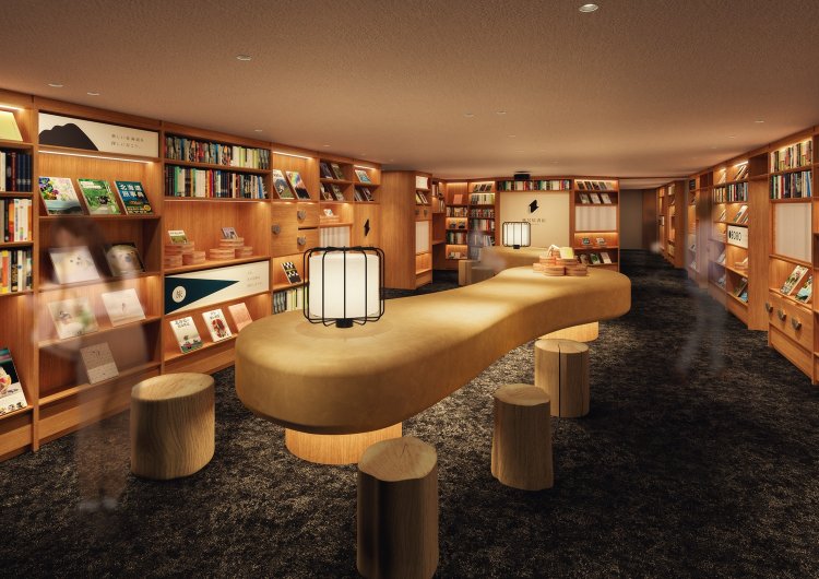 「熱中しすぎにご注意を。（温泉とサウナ）」「一度読んだはずなのに、なんだか違って見える（絵本）」といった独自のコーナーが設置されている（「風呂屋書店」完成イメージ図）。