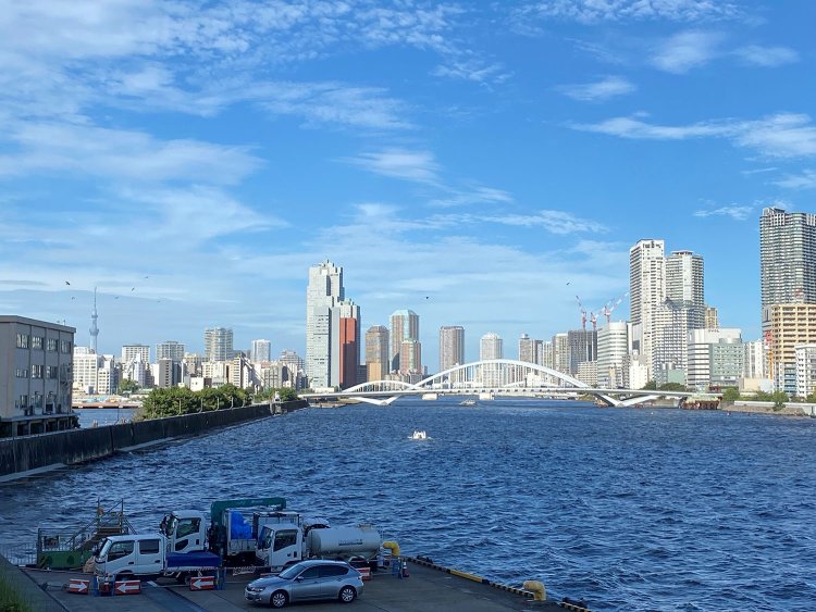 中央に築地大橋と、左手奥に東京スカイツリー。