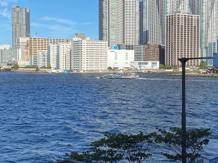 宇宙船のような見た目の観光汽船「ヒミコ」が海面を滑っていく。