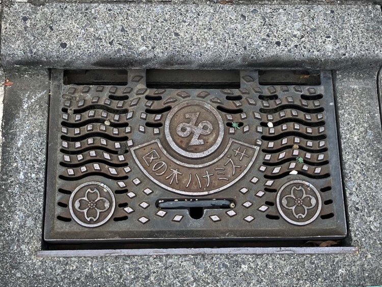 港区の雨水桝蓋。植物のデザインより「区の木ハナミズキ」の主張が強い。