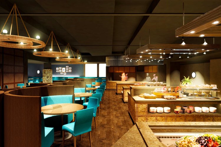 ゴージャスな雰囲気に生まれ変わったバイキングレストラン。ビュッフェボードには和洋中の創作料理が並ぶ（写真提供＝大江戸温泉物語Premium あたみ）。