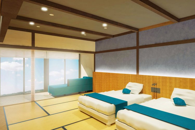一部客室もリニューアル。ランクアップしたスーペリア和ベッドツイン客室は相模灘から昇る朝日を望む（写真提供＝大江戸温泉物語Premium あたみ）。