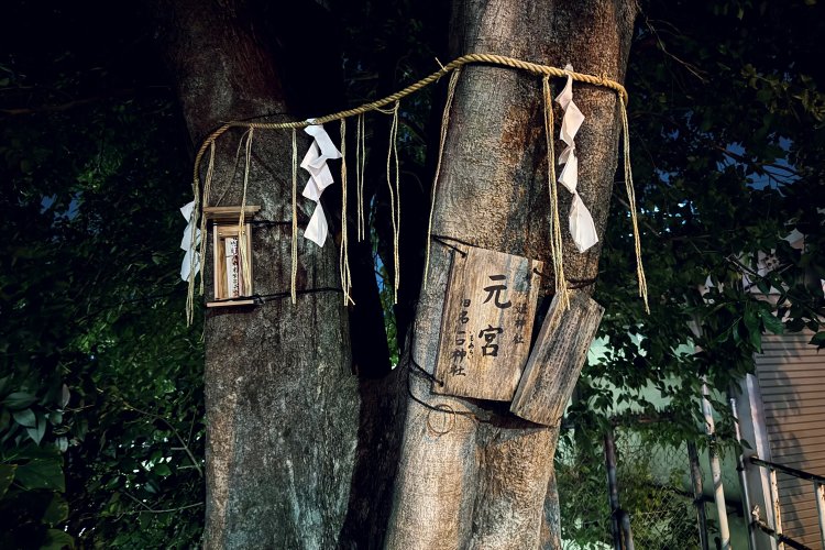 淡路坂上の木に、総武線延伸工事のため移転した太田姫稲荷神社がかつてここにあったことを示す木札が下がっている。