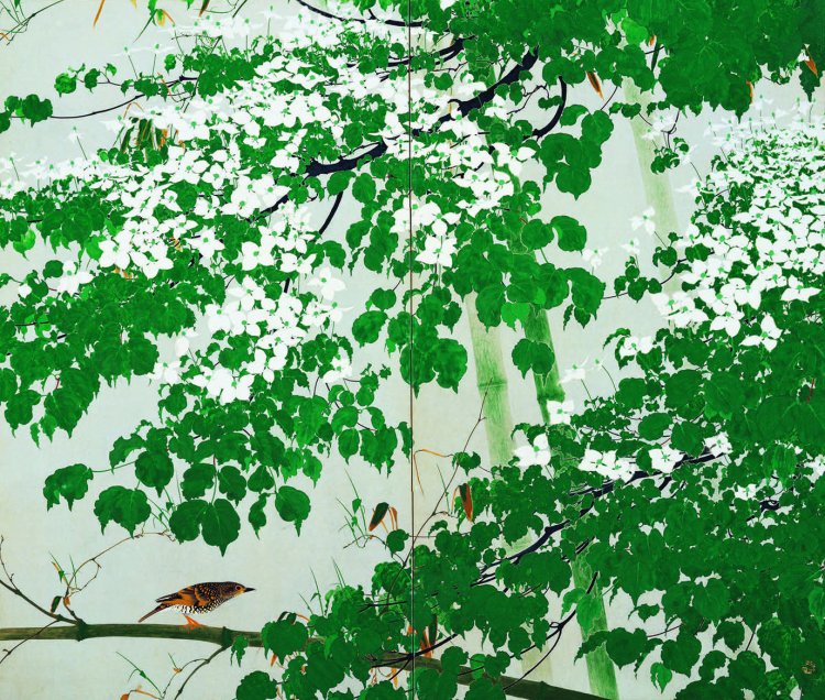 「白い花」 昭和22年（1947）9月 紙本金砂子地着色 2曲1隻 『田中一村記念美術館』蔵。