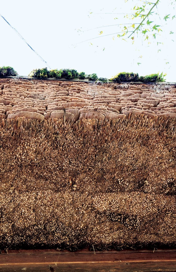 茅葺きが長持ちするよう、一番上に杉皮と檜皮（ひわだ）をかぶせた屋根。