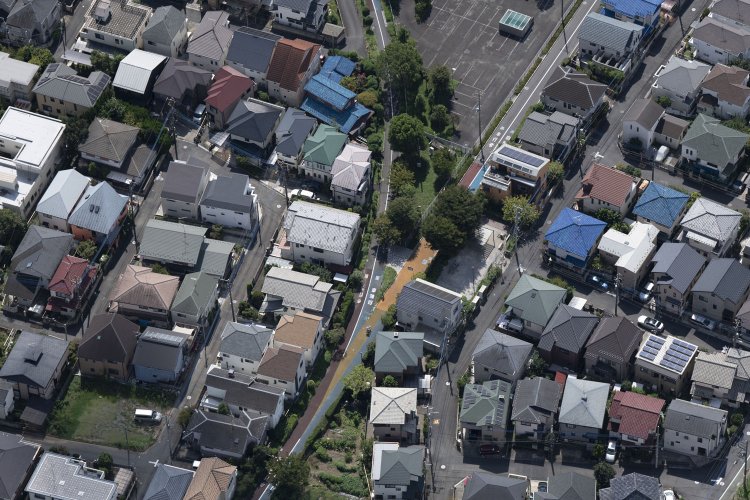 東京競馬場前駅との分岐箇所。絵に描いたような片分岐で、緑道の舗装がカラフルだ。住宅地に描かれた地上絵にも見える。2024年9月13日撮影。