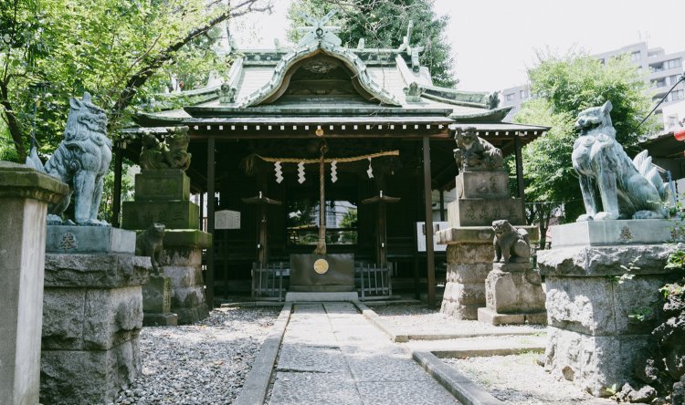 寄木神社。違うタイプの狛犬がたくさん並んでいてかわいい！　あとで知ったが、小さい狛犬は頭がへこんでいる珍しい「かっぱ狛犬」だそう。