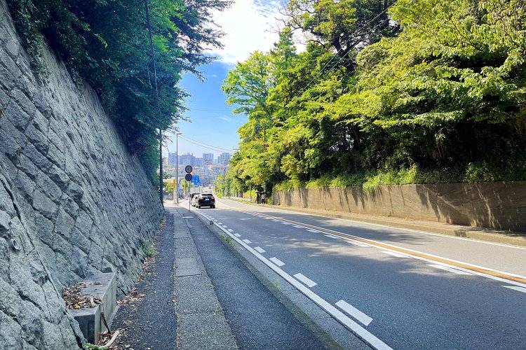 坂を下った先に、藤沢市街が見える。