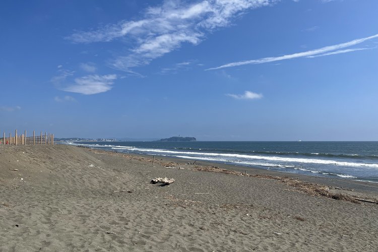 せっかくなので海岸に出てみた。江の島が南東の方に小さく見える。