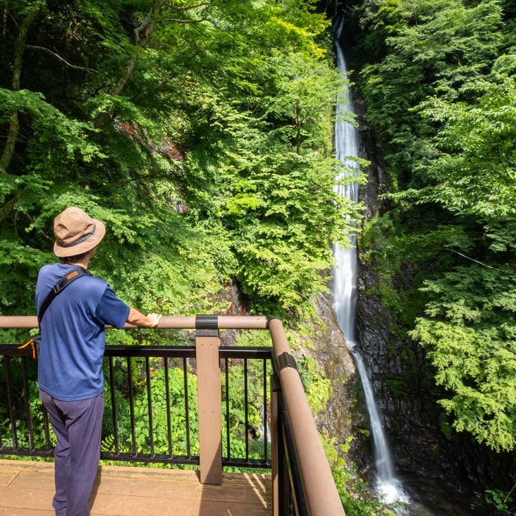新遊歩道最上部の展望デッキからは、落差約69mを誇る一の滝の全貌を目の当たりにできる。