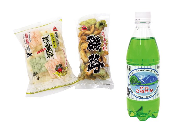 ご当地炭酸飲料・メロンソーダ「さわやかメロン」（「北陸ローヤルボトリング協業組合」）と、「セイカ食品」の揚げあられ「磯路」とおかき「浮雷餅（ふらいもち）」でおやつタイムを。