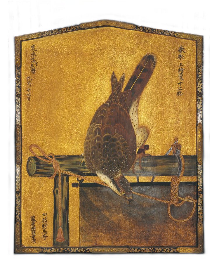 伝 狩野探幽筆『鷹絵額』 埼玉県指定文化財 寛永14年（1637） 川越市・仙波東照宮蔵。仙波東照宮幣殿長押に懸けられたもので岩槻城主・阿部重次が奉納。