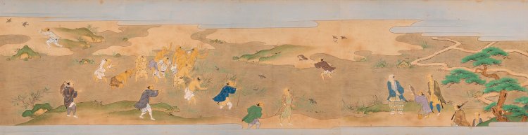 『大名鷹狩絵巻』 江戸時代（18世紀）『埼玉県立川の博物館』蔵。鷹狩の一行の様子を描いた絵巻。田や川で鷹狩が行われ、獲物を追い込む役割を担った勢子が水鳥を追い立てている様子が描かれている。