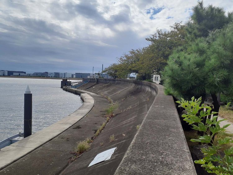 海老取川に架かる弁天橋付近に設けられている通称「カミソリ堤防」。ここで愛息・鯉太郎がハイハイで動き回る(「釣りバカ5」)。しかし、この風情あふれる景色も改修工事のため、まもなく見納め。