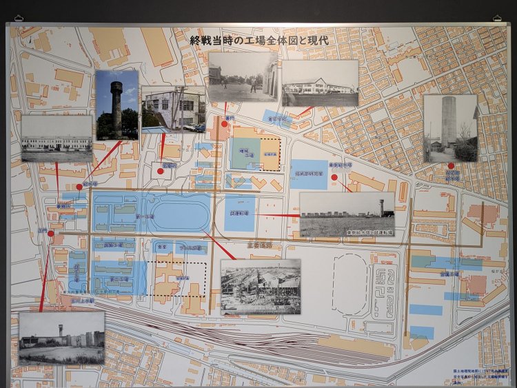 変電所内の資料から。日立航空機立川工場の建物と現在の施設との場所の比較図。