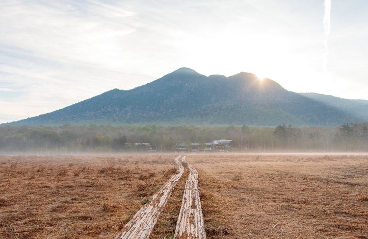 尾瀬ヶ原の見晴地区。燧ヶ岳（ひうちがたけ）から日が昇るとともに、朝もやが晴れていく。