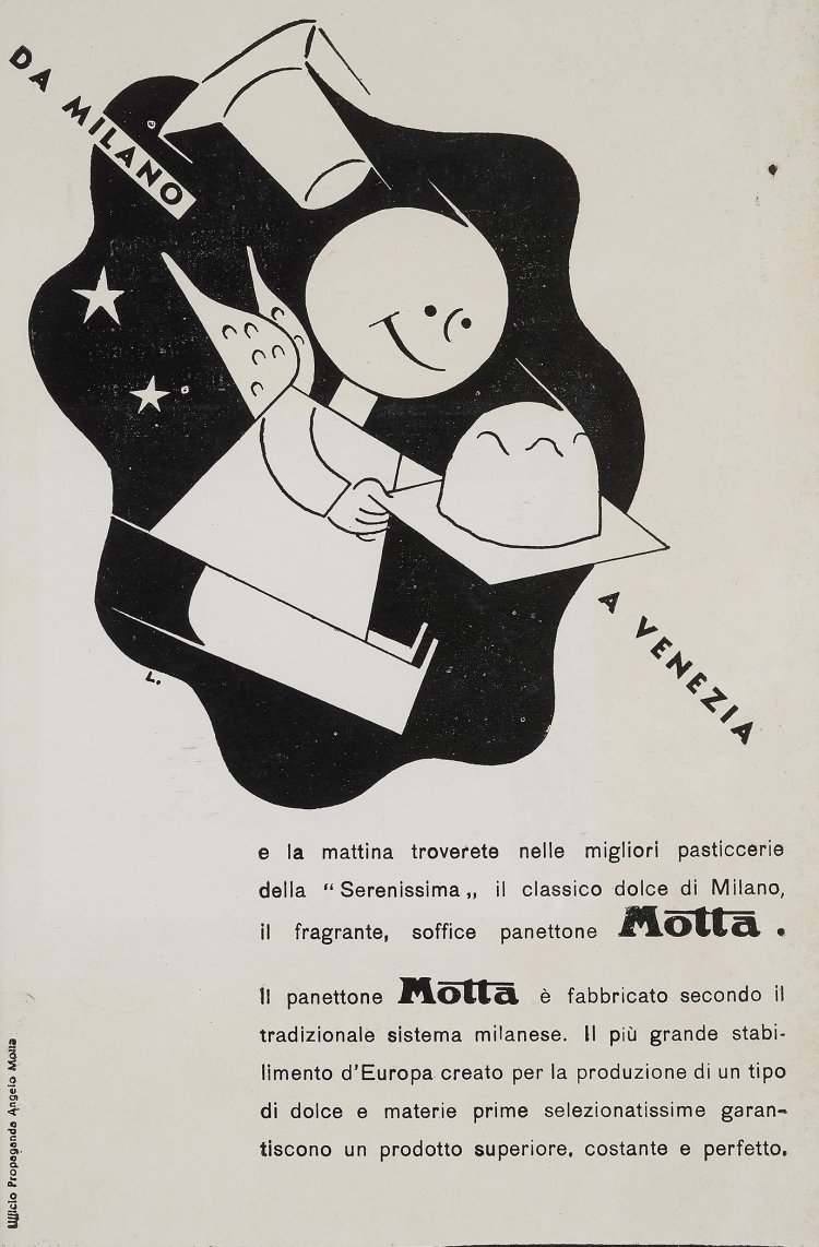 レオ・レオーニ『製菓会社モッタ新聞広告ミラノからヴェネツィアへ直行』1935年頃 板橋区立美術館蔵（Gift of the Leo Lionni Family, 2021）。