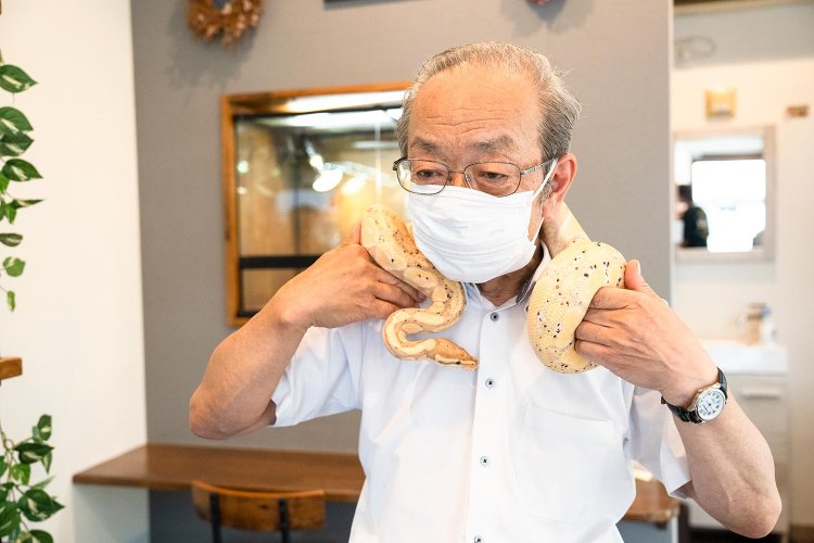 初来店という男性が首に巻くのは、ボールパイソンのばななちゃん。
