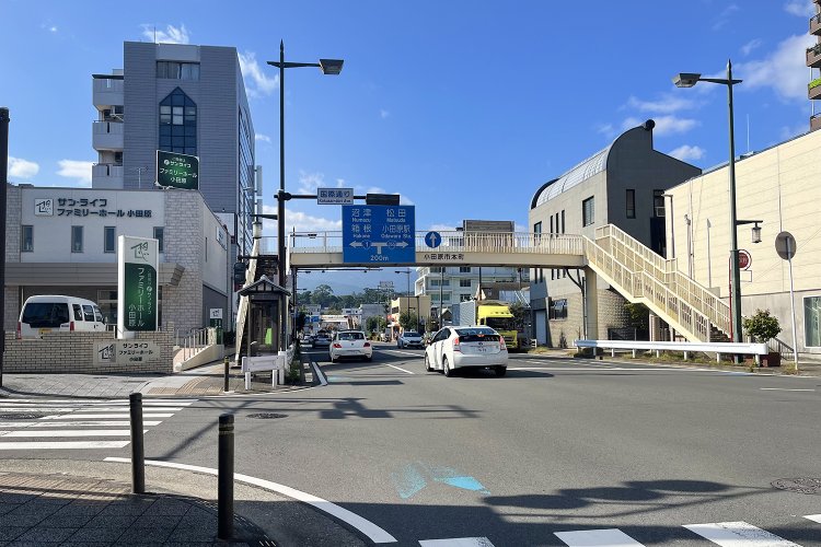 歩道橋の下に、天守閣が顔を出している。