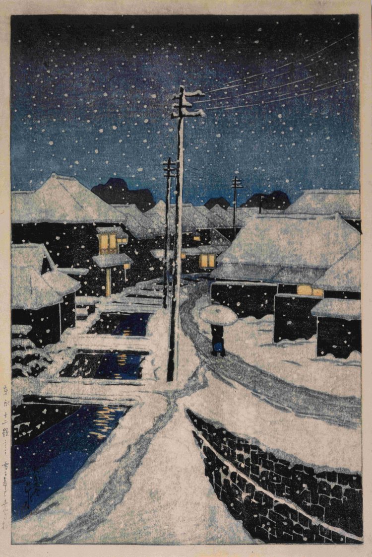 川瀬巴水 『雪に暮るる寺島村』 1920年 木版 『東京都江戸東京博物館』蔵。