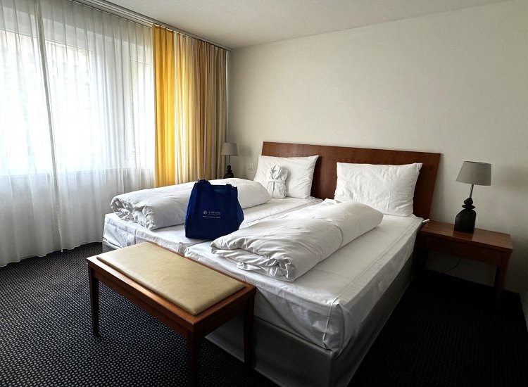 シンプルで快適な客室。窓の外には岩山が見える。