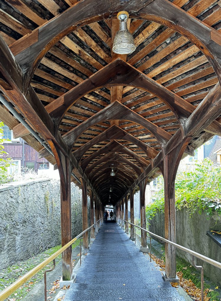 木製の屋根がついた石段は、日本の寺院の回廊を彷彿（ほうふつ）とさせる。