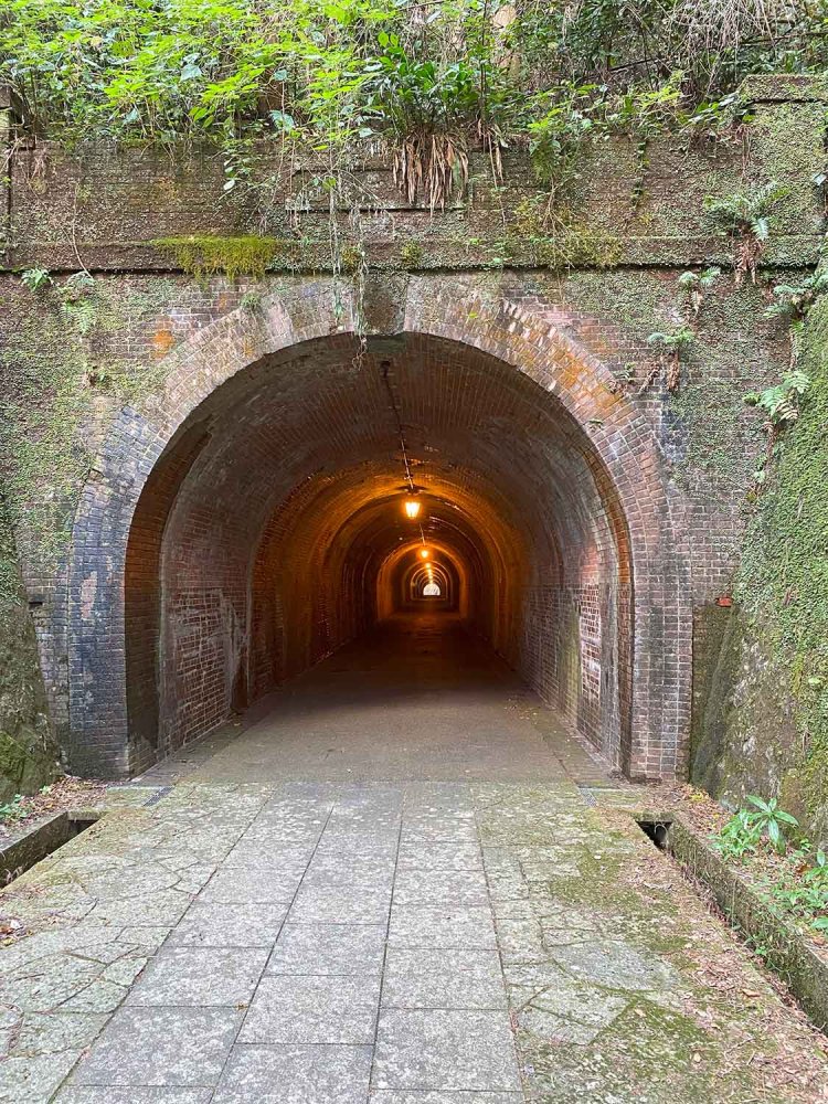 明治のトンネル（明治宇津ノ谷隧道）。山深い場所にあり、空気がひんやりと感じられる。幅は人が横並びで5、6人通れる程度。