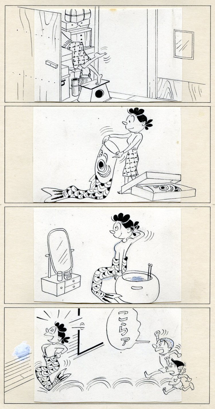 「サザエさん」原画 初出1956(昭和31)年4月19日「朝日新聞朝刊」（C）『長谷川町子美術館』。